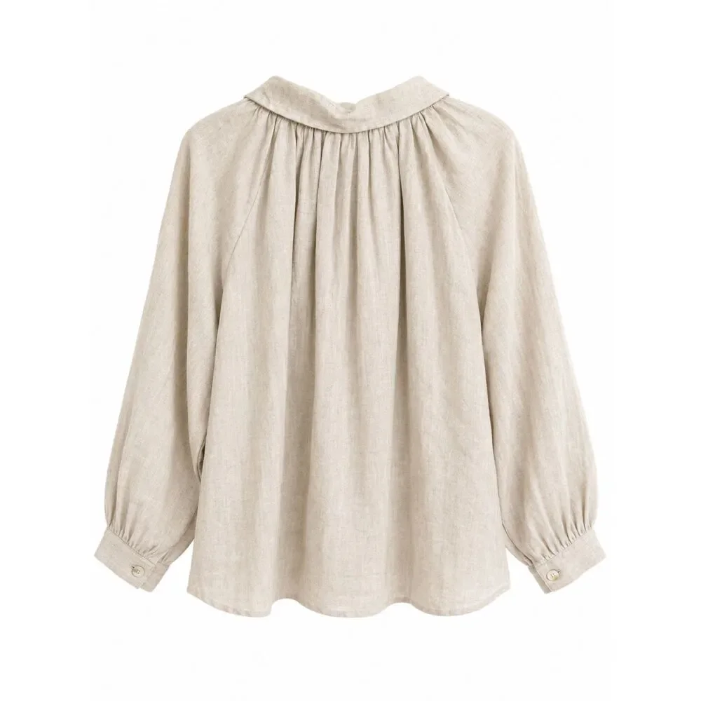 NWOT Cleobella Flax Beige Cotton Blouse Bishop Sleeve - Sz Small - Picture 3 of 6